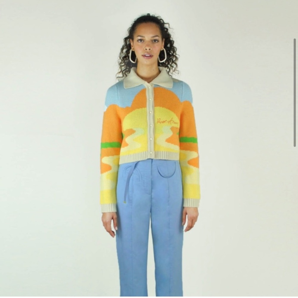 House Of Sunny Orange Day Tripper Jacquard Knit Cardigan US 4 - Picture 2 of 10